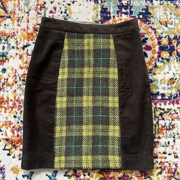 Anthropologie Maeve Brown Corduroy Green Plaid Wool Academia Skirt 2 - Picture 2 of 8
